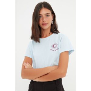 Trendyol Light Blue Embroidered Crop Knitted