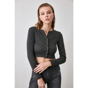 Trendyol Anthracite Buttoned Crop Knitted