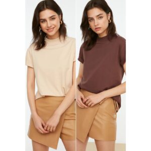 Trendyol Brown-Beige Stand Collar 2-Pack Basic Knitted