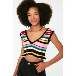 Trendyol Black Striped Crop Frill Detailed Knitwear