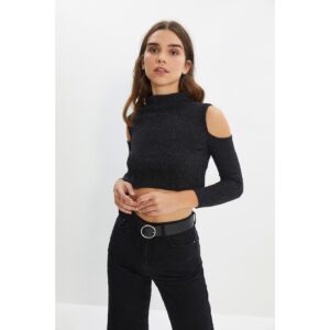 Trendyol Black Stand Up Collar Cut Out Detailed Crop