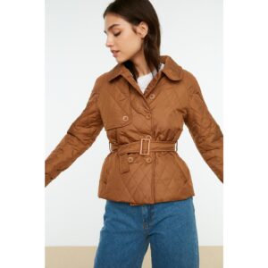 Trendyol Camel Belted Button Closure Quilted
