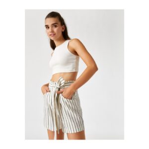 Koton Belted Waist Striped High Waist Shorts With