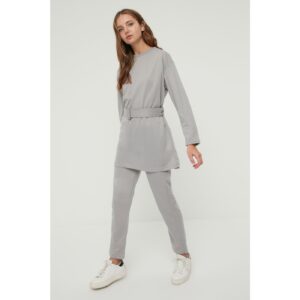 Trendyol Gray Belted Knitted Bottom-Top
