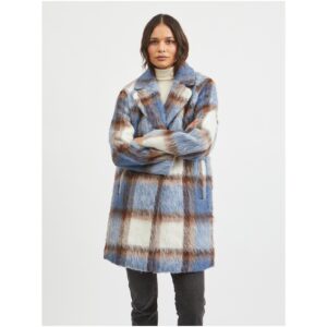 Hnědo-modrý dámský kostkovaný zimní kabát VILA