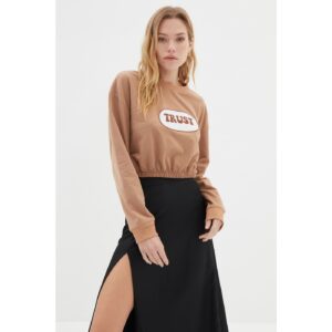 Trendyol Camel Embroidered Crop Raised Knitted