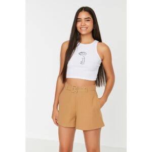 Trendyol White Ribbed Printed Crop Knitted