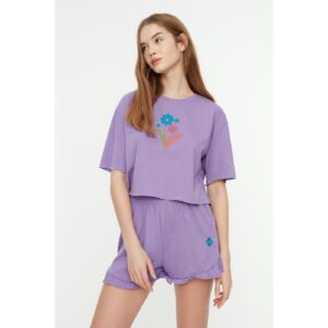 Trendyol Lilac Floral Embroidery Knitted Pajamas