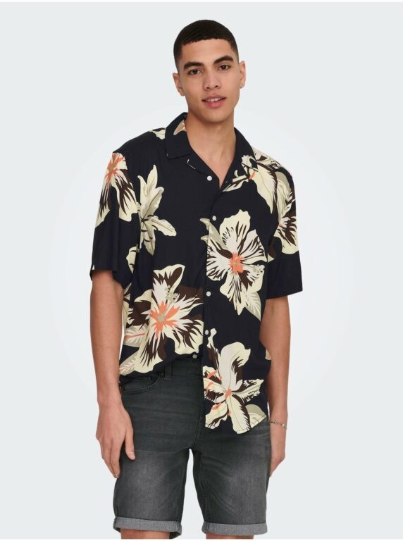 Béžovo-černá pánská květovaná košile s krátkým rukávem