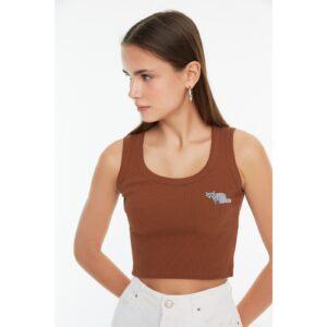 Trendyol Brown Embroidered Crop Knitted
