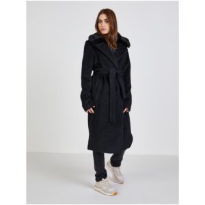 Černý dámský vlněný kabát s límcem