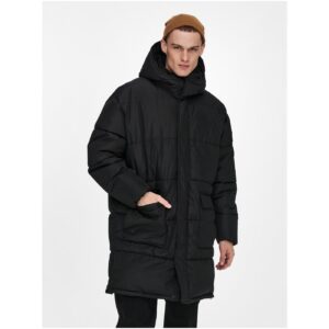 Černý pánský prošívaný zimní kabát s kapucí ONLY &