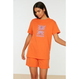 Trendyol Orange Slogan Printed Knitted Pajamas
