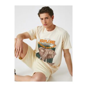 Koton Men's Beige Printed T-Shirt Crew