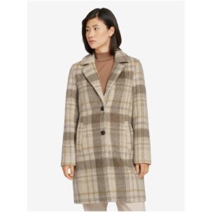 Béžovo-hnědý dámský kostkovaný kabát