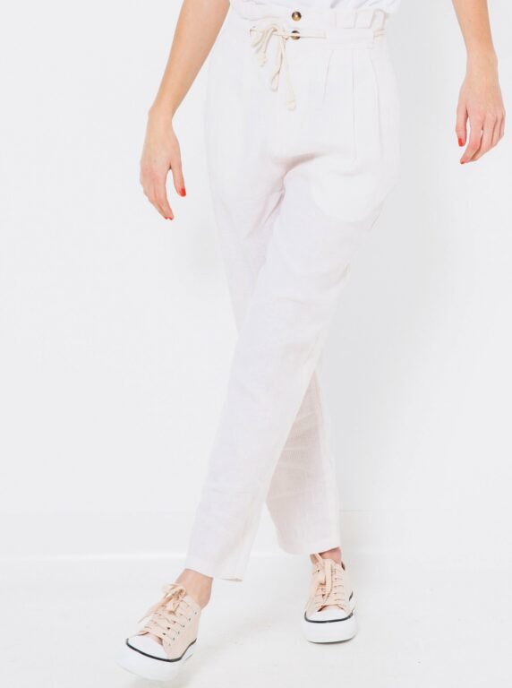 Růžovo-bílé dámské pruhované lněné kalhoty s vysokým