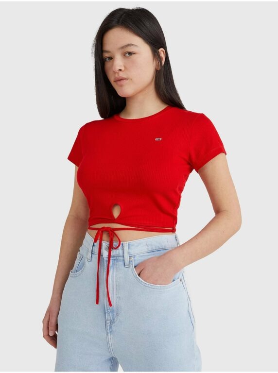 Tommy Jeans Červené dámské žebrované cropped tričko se