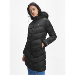 Černý dámský prošívaný zimní kabát s kapucí