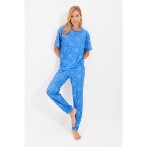 Trendyol Blue Mystic Print Pattern Knitted Pajamas