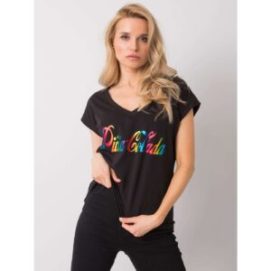 Black t-shirt with a colorful