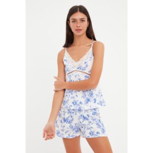 Trendyol Blue Lace Detailed Floral Knitted Pajamas