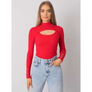 Red turtleneck blouse