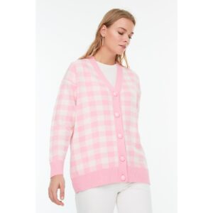 Trendyol Pink Check Patterned Knitwear Cardigan with Stripe Detail on