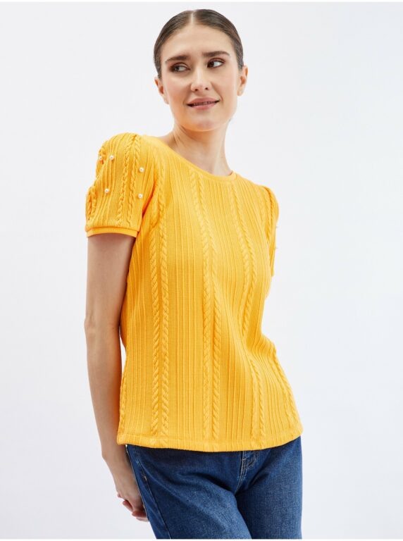 Orsay Žluté dámské tričko s ozdobnými