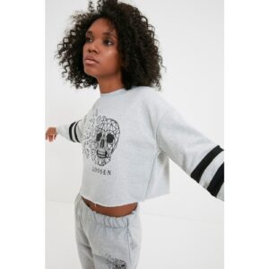 Trendyol Gray Crop Printed and Raised Knitted