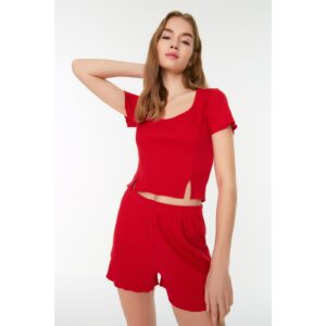 Trendyol Red Slit Detailed Crop Camisole Knitted Bottom-Top
