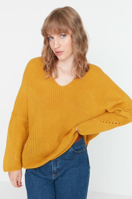 Trendyol Yellow Wool Oversized V-Neck