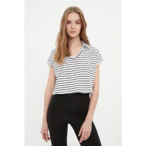Trendyol White Striped Polo Neck Crop Knitted