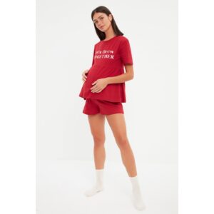 Trendyol Claret Red Slogan Printed Knitted Maternity Bottom-Top