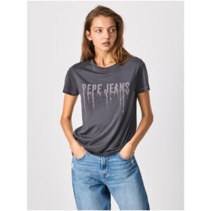 Tmavě šedé dámské tričko s ozdobnými detaily Pepe Jeans