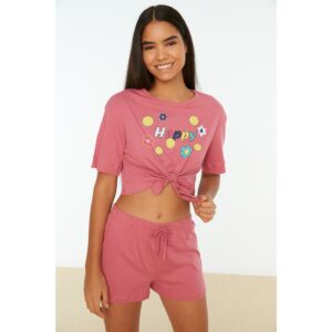 Trendyol Pink Slogan Printed Crop Knitted Pajamas