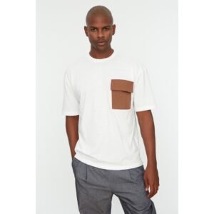 Trendyol White Men's Relaxed Fit 100% Cotton Crew Neck Short Sleeve Contrast Woven T-Shirt with