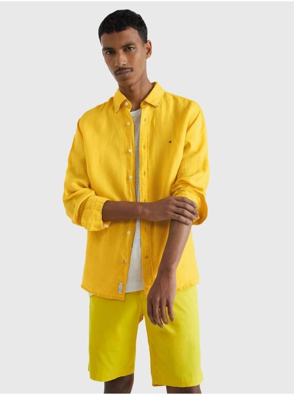 Žlutá pánská lněná košile Tommy Hilfiger Pigment