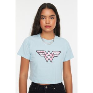 Trendyol Light Blue Wonder Woman Licensed Crop Knitted