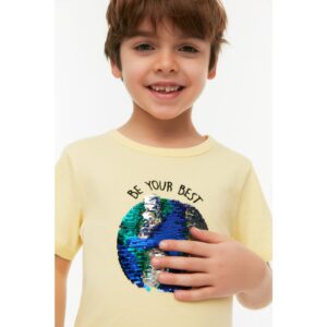 Trendyol Yellow Sequin Embroidered Boy Knitted