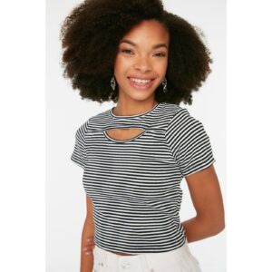Trendyol Black Cut Out Detailed Striped Crop Knitted