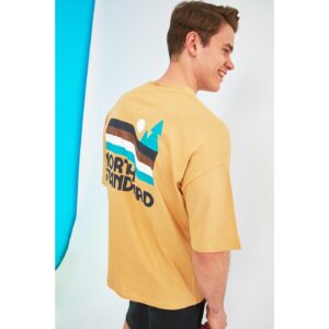 Trendyol Mustard Men's Oversize Fit 100% Cotton Crew Neck Short Sleeve Printed