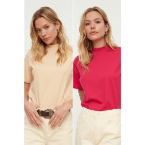 Trendyol Beige-Multicolored Stand Up Collar 2-Pack Basic Knitted Tshirt