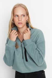 Trendyol Dark Mint Zipper Detailed Basic Fleece Knitted