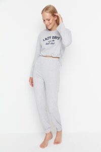 Trendyol Gray Slogan Printed Knitted Pajamas