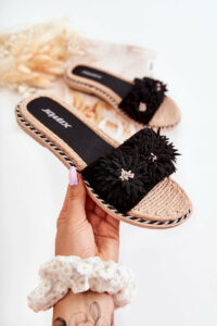 Women's Slippers With Material Flowers Black