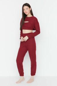 Trendyol Claret Red 3-Piece Waffle Knitted
