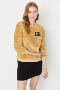Trendyol Beige Embroidery Plush Basic Knitted