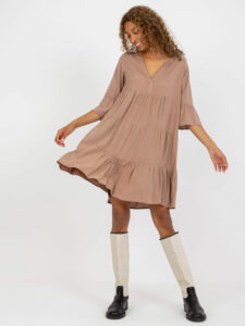 Light brown dress with a frill and V-neck
