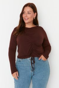 Trendyol Curve Brown Ruffle Detailed Crew Neck