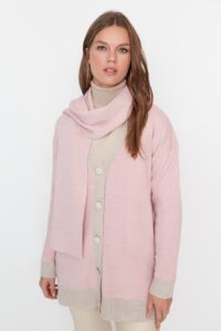 Trendyol Light Pink Thin Striped Cardigan-Scarf Double Knitwear